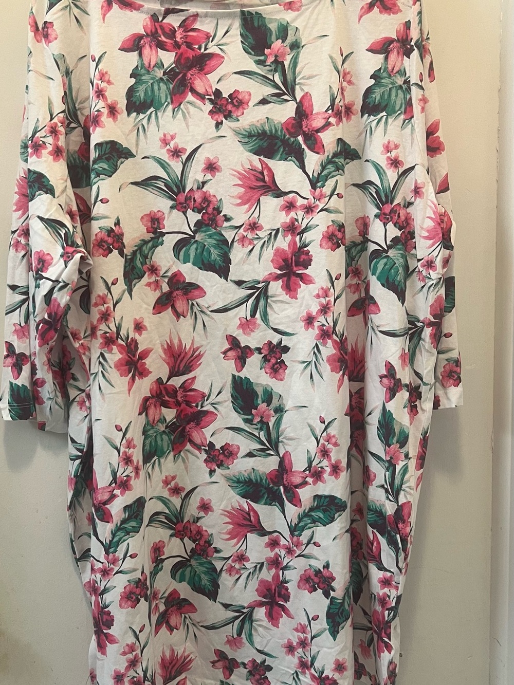 Roaman's Cream Top with Pink Floral & Green Leaves